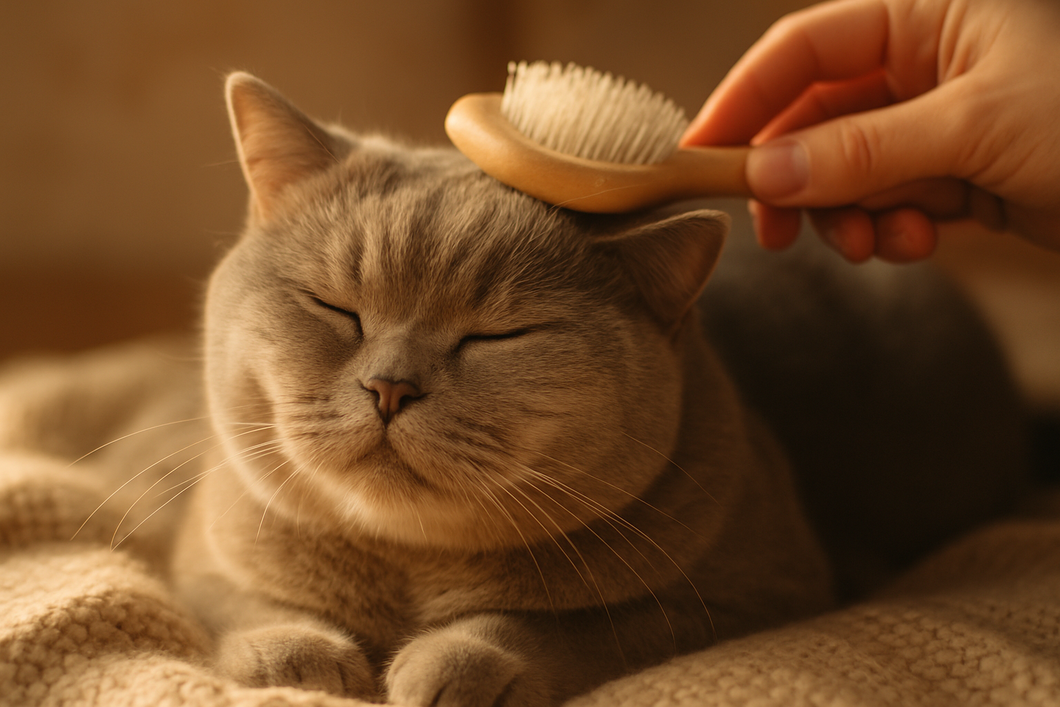 British Shorthair kedinin tüy bakım rutini sırasında nazikçe taranması