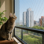 Balkon korkuluğuna sağlam monte edilmiş kedi güvenlik filesi