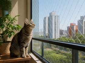 Balkon korkuluğuna sağlam monte edilmiş kedi güvenlik filesi