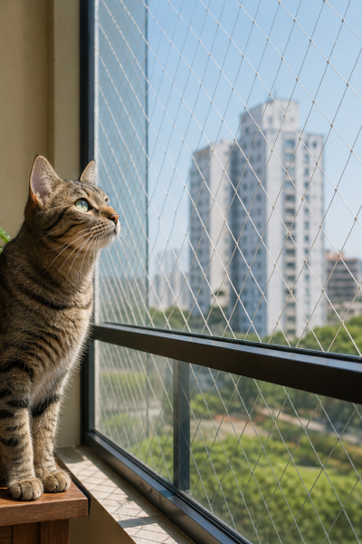 Balkon korkuluğuna sağlam monte edilmiş kedi güvenlik filesi
