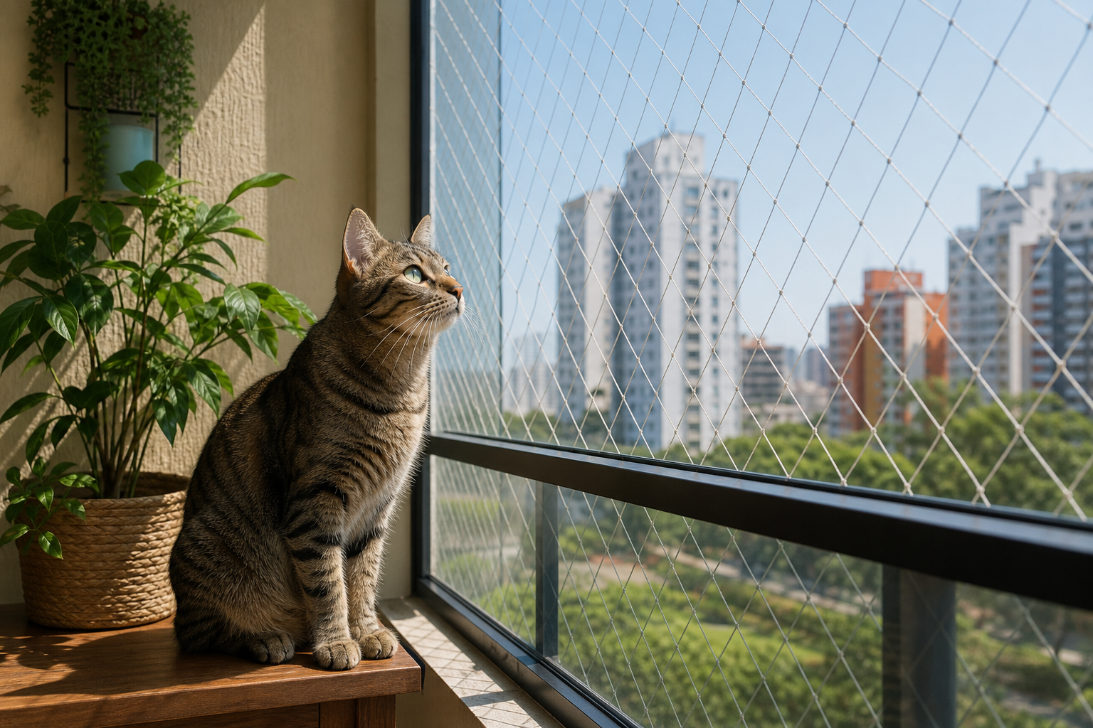 Balkon korkuluğuna sağlam monte edilmiş kedi güvenlik filesi