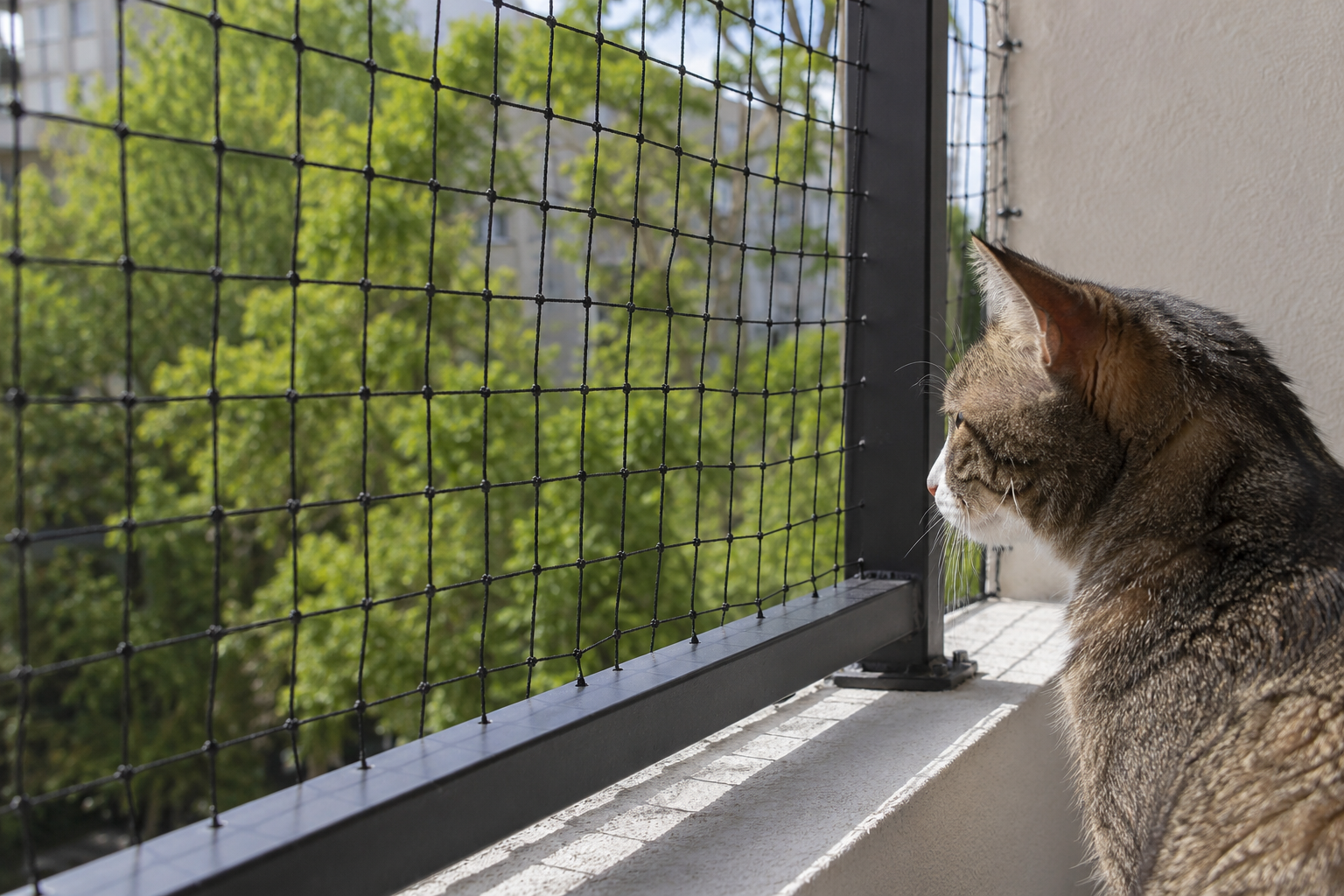 Balkon korkuluğuna sağlam monte edilmiş kedi güvenlik filesi