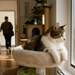 Evde yalnız kalma rutininde pencere önünde sakin bekleyen kedi