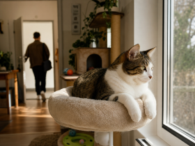 Evde yalnız kalma rutininde pencere önünde sakin bekleyen kedi