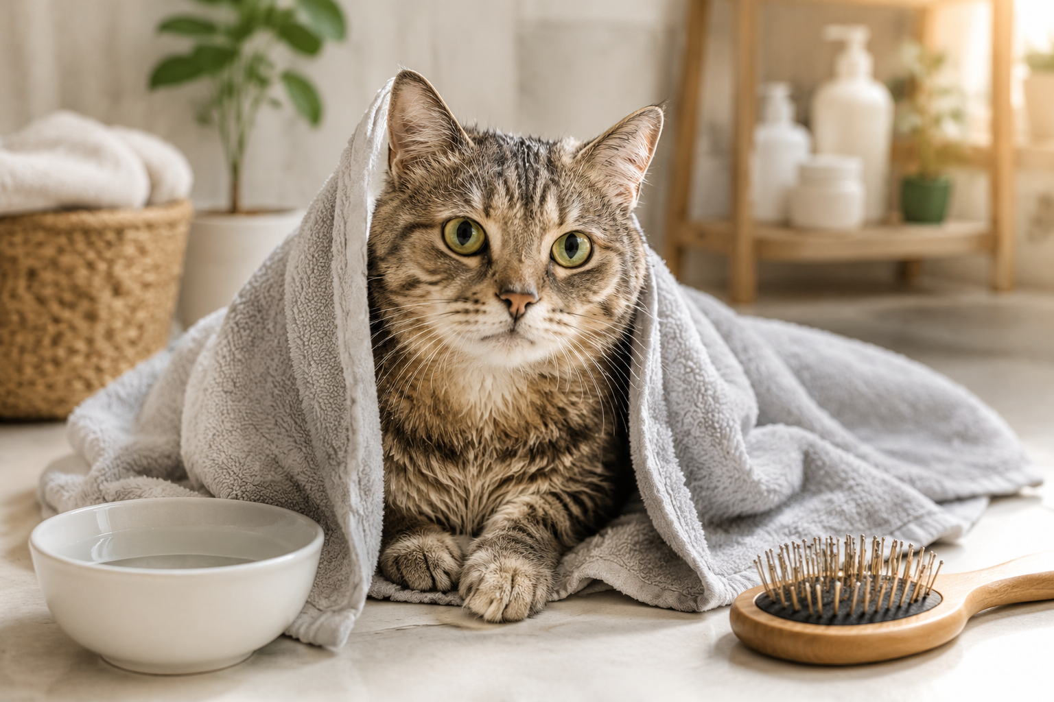 Banyo sonrası havluya sarılmış sakin ev kedisi