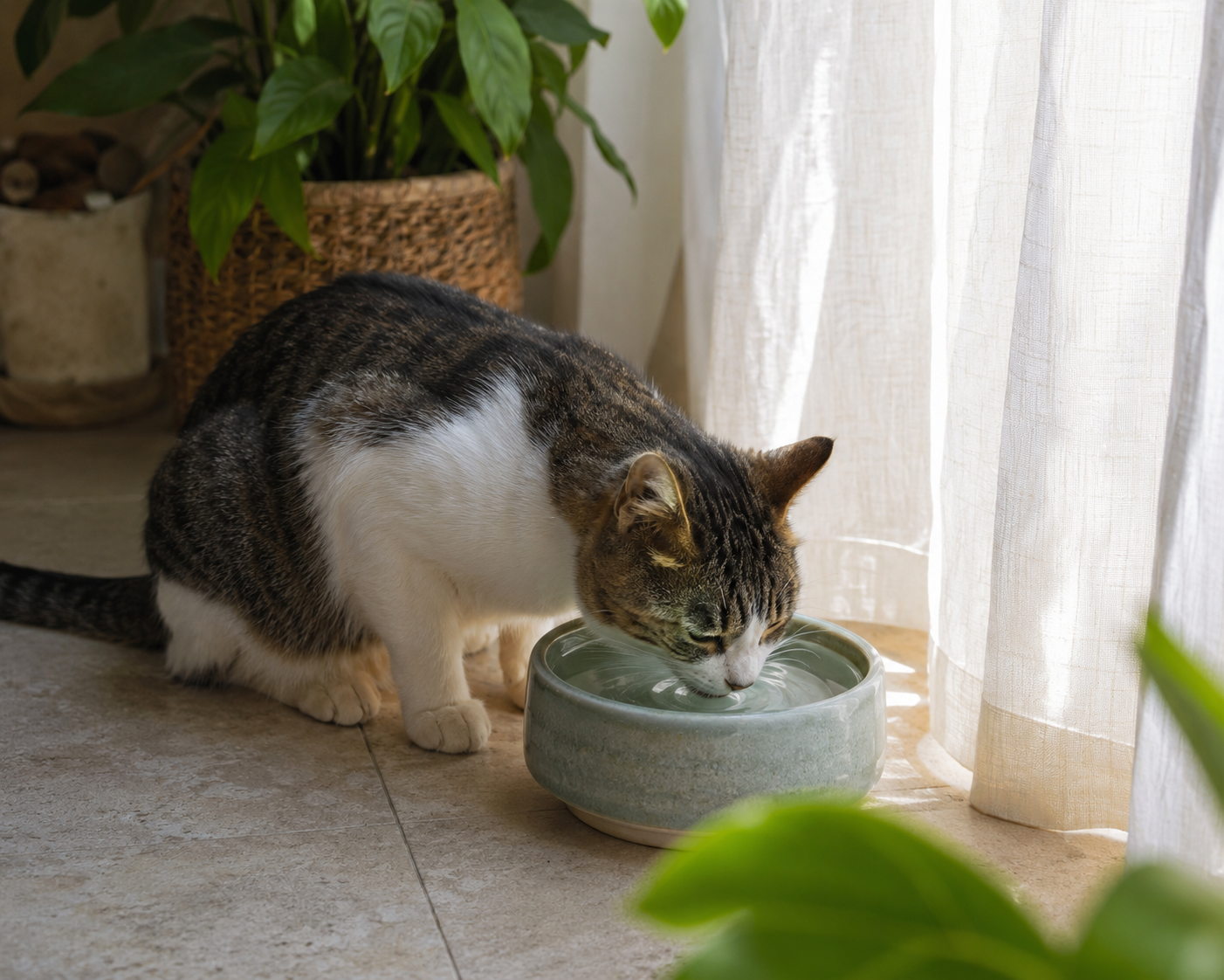 Sıcak havalarda serin bir köşede su içen kedi