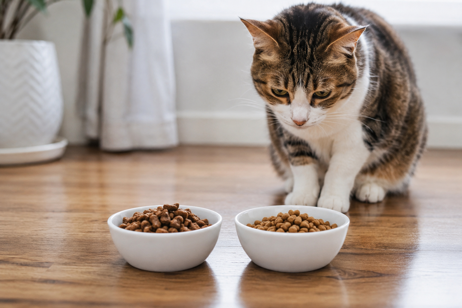 Yeni mamaya geçiş için ölçülü porsiyonlarla beslenen bir kedi