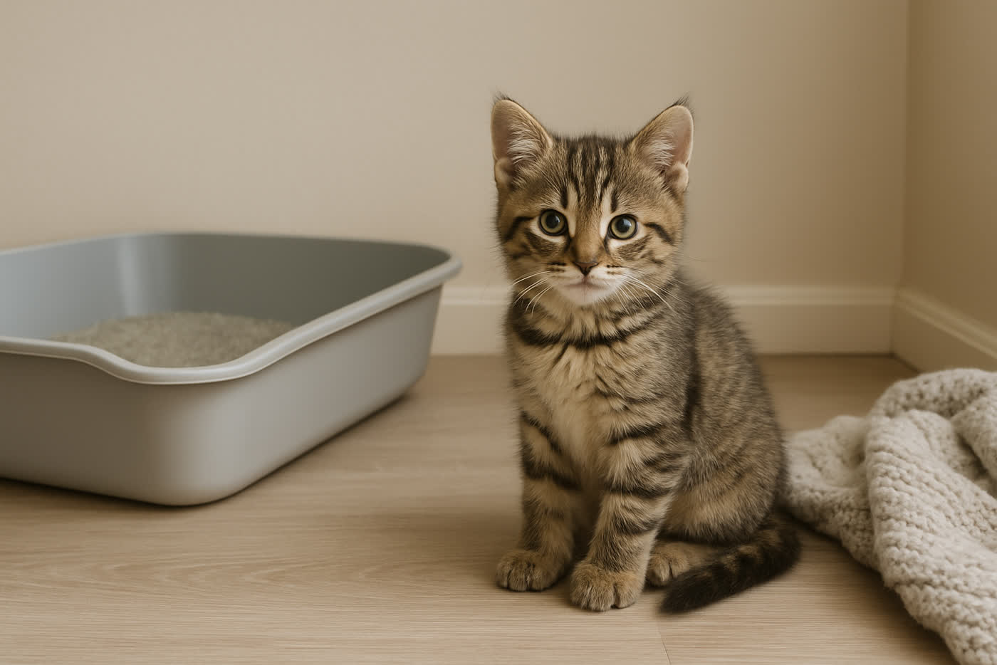 Yavru kedi için güvenli oda ve alçak kum kabı