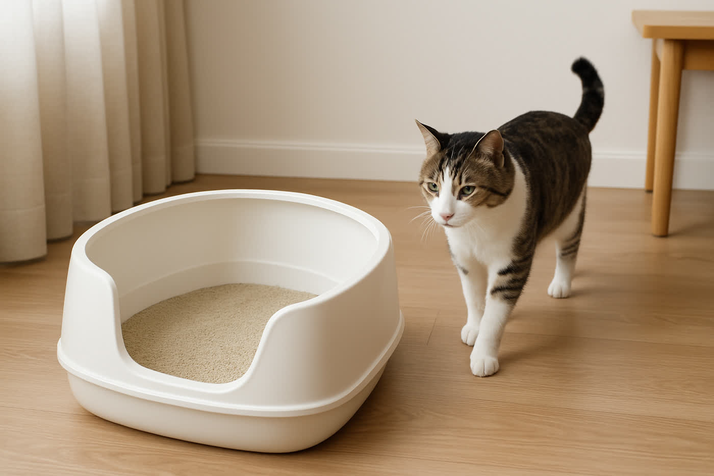 Kedi için temiz ve doğru konumlandırılmış kum kabı