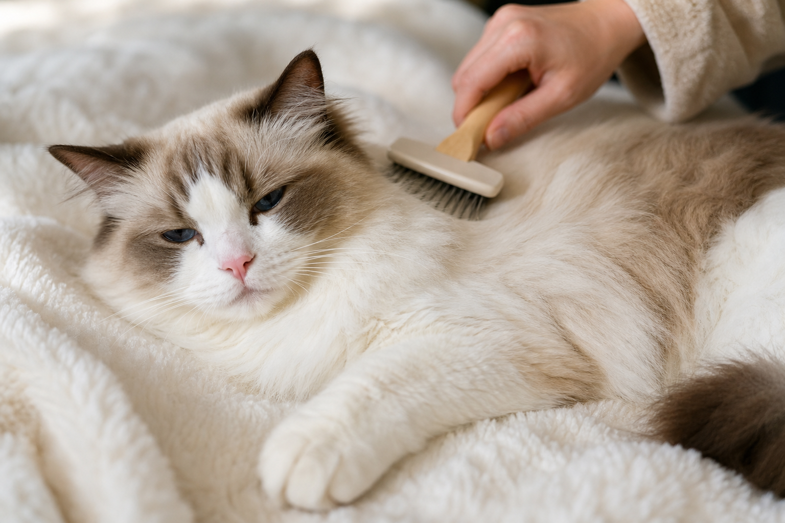 Ragdoll kedinin evde sakin şekilde taranması