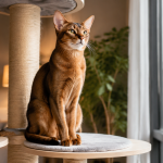 Abyssinian kedisinin ev icinde modern kedi agacinda oturdugu gercekci kapak gorseli