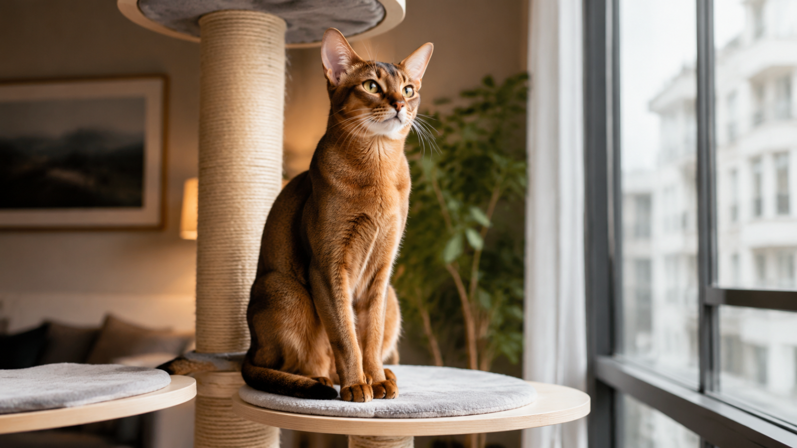Abyssinian kedisinin ev icinde modern kedi agacinda oturdugu gercekci kapak gorseli