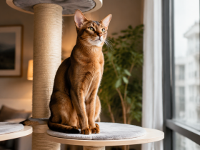 Abyssinian kedisinin ev icinde modern kedi agacinda oturdugu gercekci kapak gorseli
