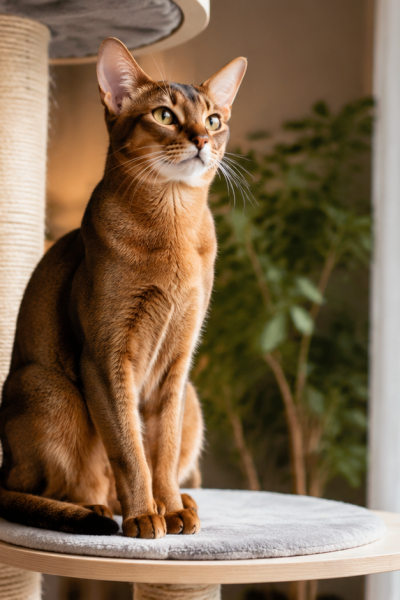 Abyssinian kedisinin ev icinde modern kedi agacinda oturdugu gercekci kapak gorseli