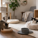 Çok kedili evde ayrı mama ve dinlenme alanlarına rahatça yerleşmiş iki sakin kedi