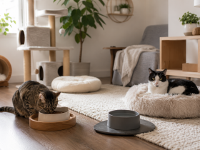Çok kedili evde ayrı mama ve dinlenme alanlarına rahatça yerleşmiş iki sakin kedi