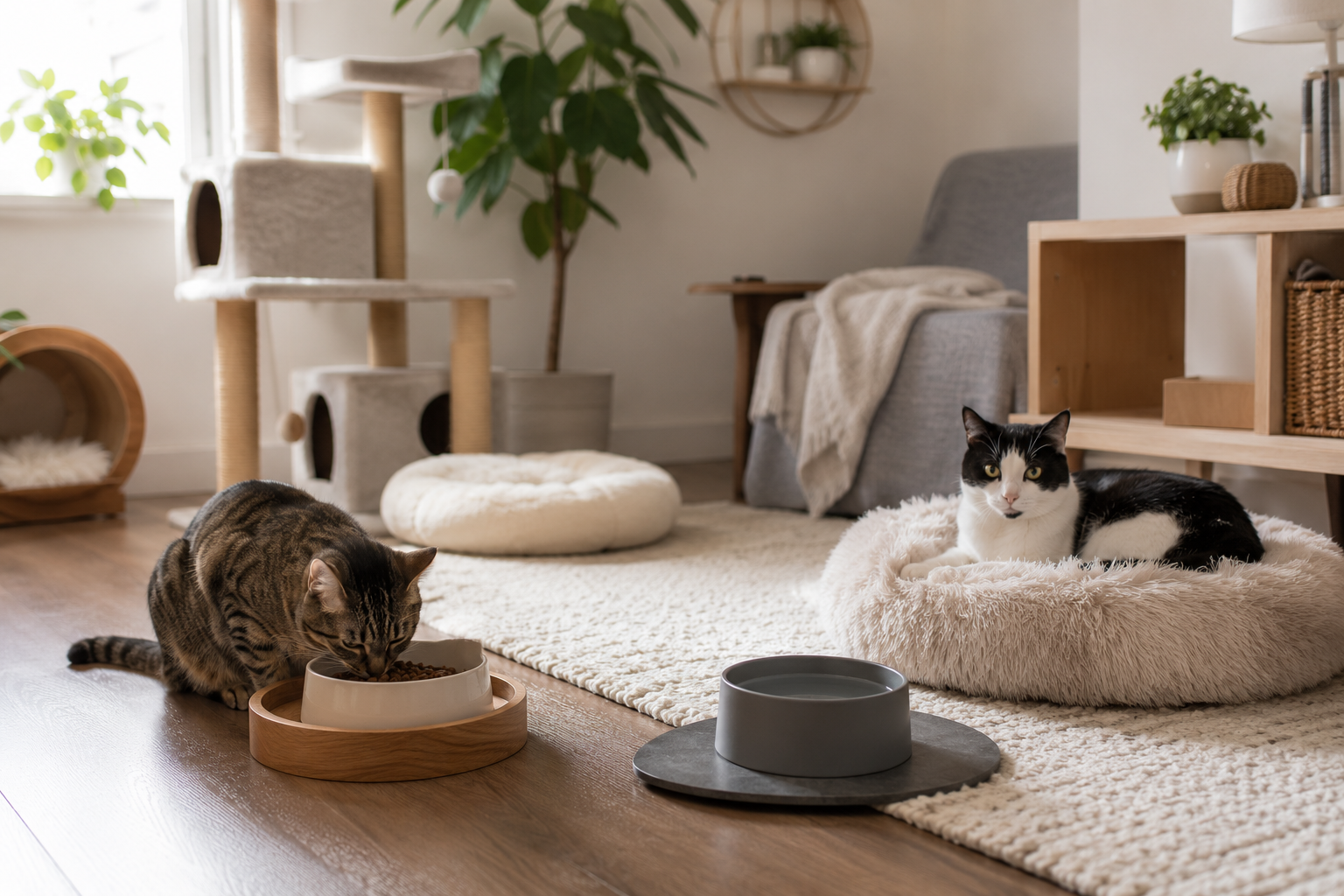 Çok kedili evde ayrı mama ve dinlenme alanlarına rahatça yerleşmiş iki sakin kedi