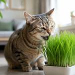 Ev ortamında kedi çimini koklayan ve hafifçe kemiren kedi