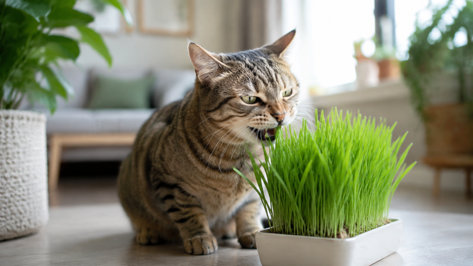 Ev ortamında kedi çimini koklayan ve hafifçe kemiren kedi