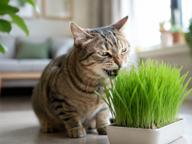 Ev ortamında kedi çimini koklayan ve hafifçe kemiren kedi