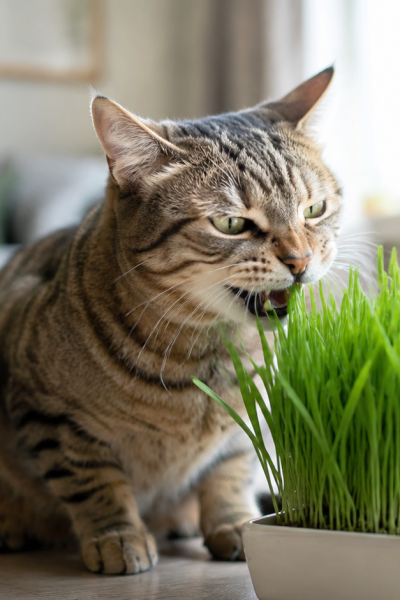 Ev ortamında kedi çimini koklayan ve hafifçe kemiren kedi