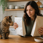 Mutfak tezgâhında iki mama paketini karşılaştıran bir kedi sahibi ve yanında merakla duran sağlıklı ev kedisi
