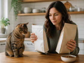 Mutfak tezgâhında iki mama paketini karşılaştıran bir kedi sahibi ve yanında merakla duran sağlıklı ev kedisi