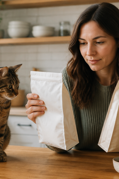 Mutfak tezgâhında iki mama paketini karşılaştıran bir kedi sahibi ve yanında merakla duran sağlıklı ev kedisi