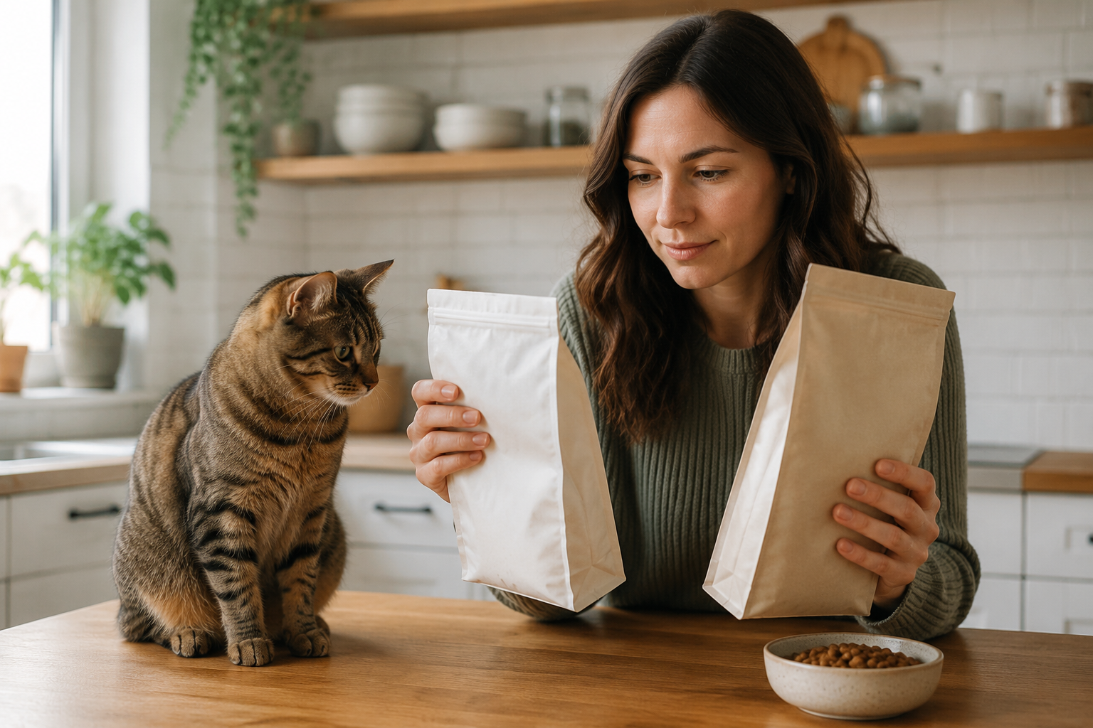 Mutfak tezgâhında iki mama paketini karşılaştıran bir kedi sahibi ve yanında merakla duran sağlıklı ev kedisi