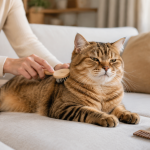 Ev ortamında uygun fırça ile nazikçe taranan sakin bir kedi
