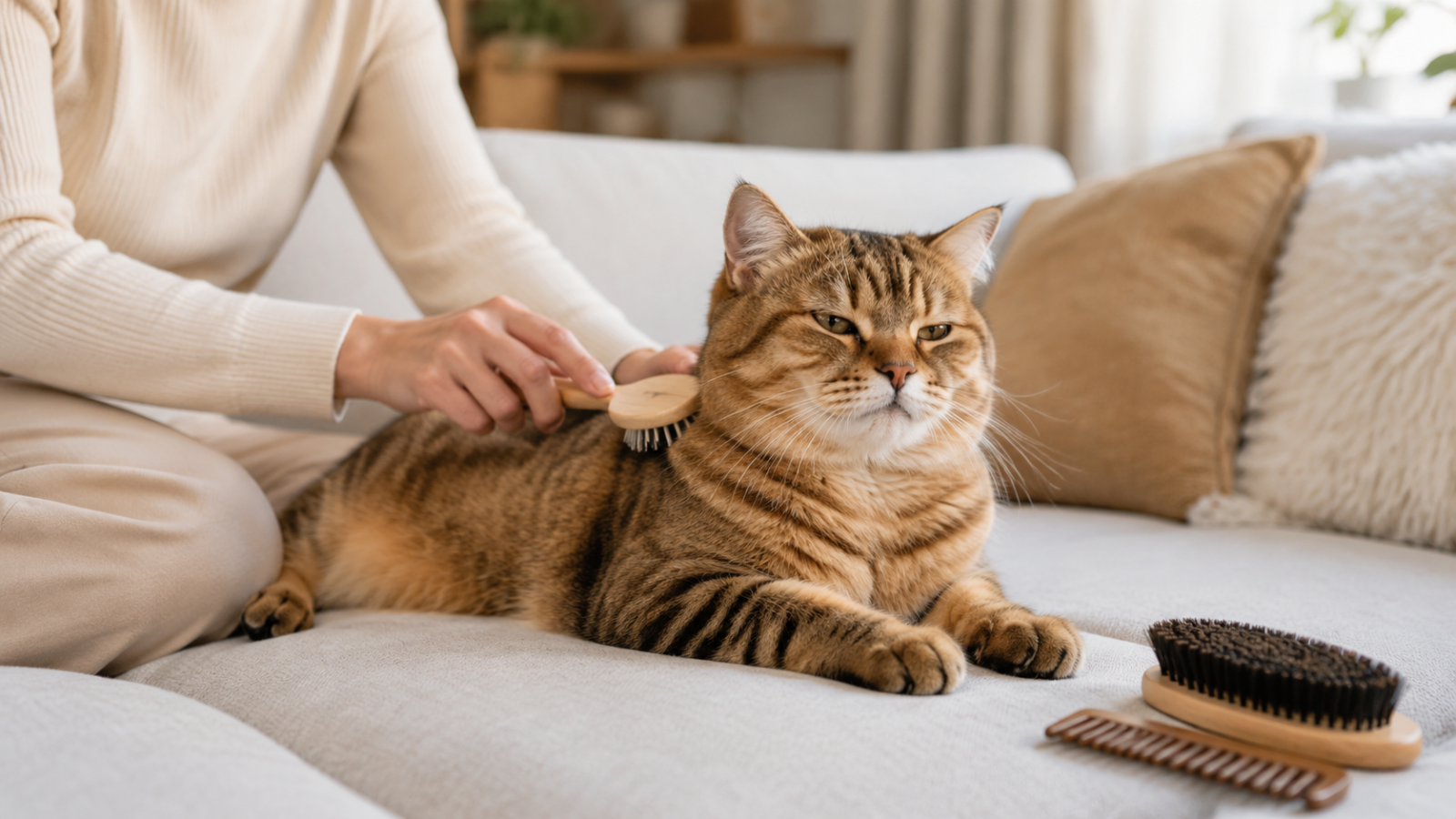 Ev ortamında uygun fırça ile nazikçe taranan sakin bir kedi