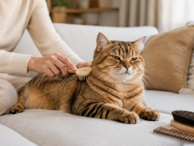 Ev ortamında uygun fırça ile nazikçe taranan sakin bir kedi
