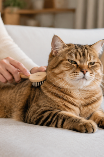 Ev ortamında uygun fırça ile nazikçe taranan sakin bir kedi