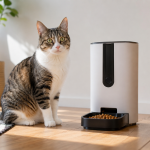 Otomatik mama kabının yanında sakince bekleyen sağlıklı ev kedisi