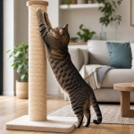 Aydınlık bir evde uzun sisal tırmalama direğine uzanarak tırmalayan kedi