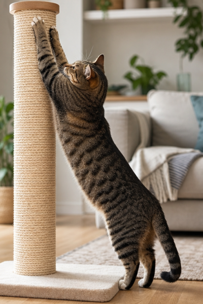 Aydınlık bir evde uzun sisal tırmalama direğine uzanarak tırmalayan kedi