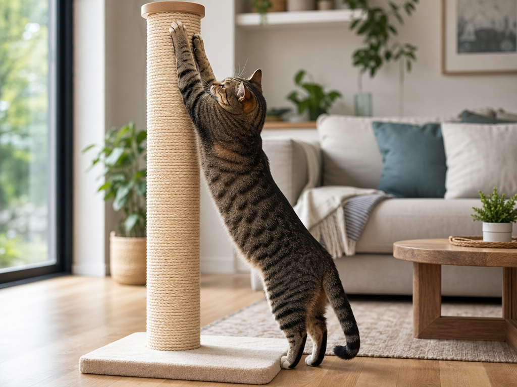 Aydınlık bir evde uzun sisal tırmalama direğine uzanarak tırmalayan kedi