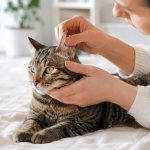 Kulak kontrolü yapılan genç tekir kedi ve yanında sakin şekilde destek olan sahibi