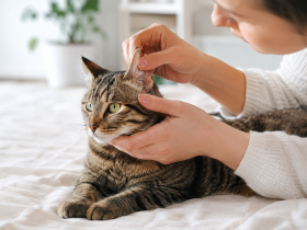 Kulak kontrolü yapılan genç tekir kedi ve yanında sakin şekilde destek olan sahibi