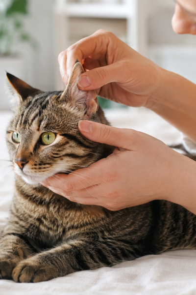 Kulak kontrolü yapılan genç tekir kedi ve yanında sakin şekilde destek olan sahibi