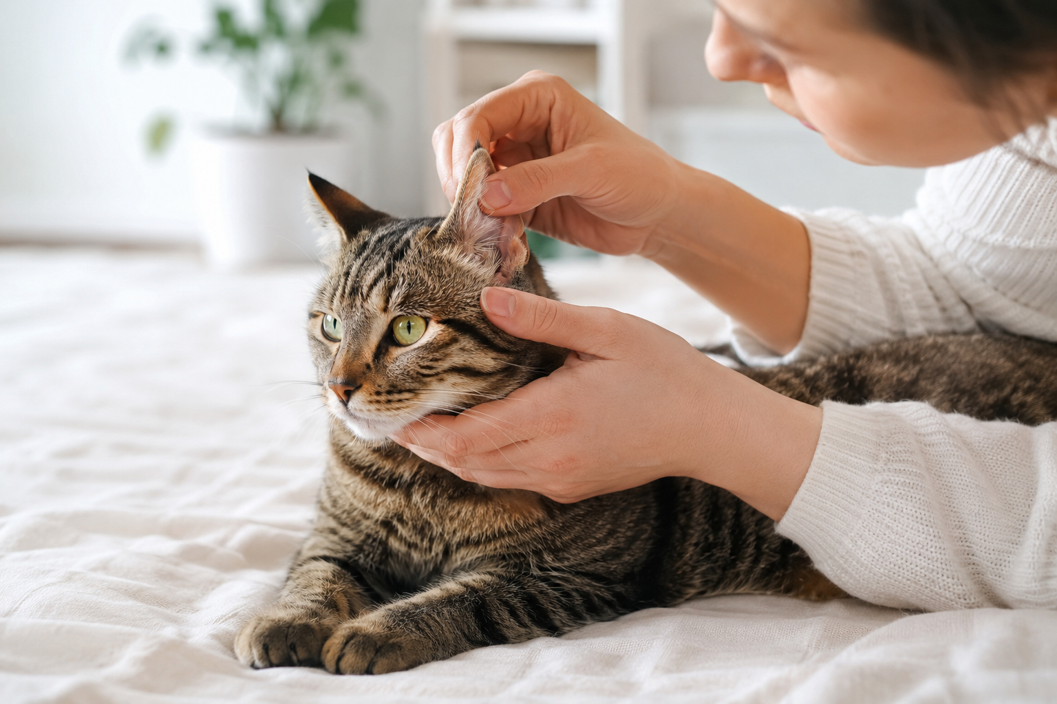 Kulak kontrolü yapılan genç tekir kedi ve yanında sakin şekilde destek olan sahibi