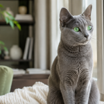 Pencere kenarında oturan mavi gri tüylü Russian Blue kedisini gösteren gerçekçi blog kapak görseli