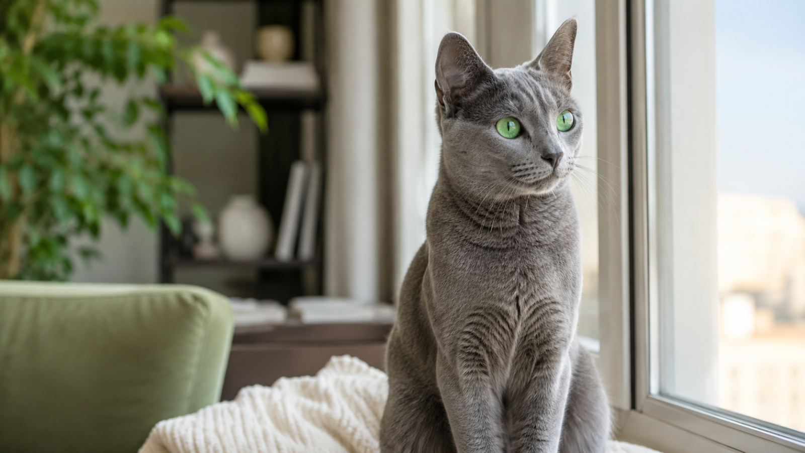 Pencere kenarında oturan mavi gri tüylü Russian Blue kedisini gösteren gerçekçi blog kapak görseli