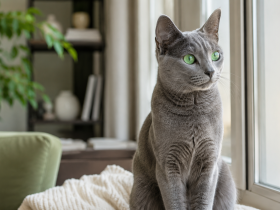 Pencere kenarında oturan mavi gri tüylü Russian Blue kedisini gösteren gerçekçi blog kapak görseli