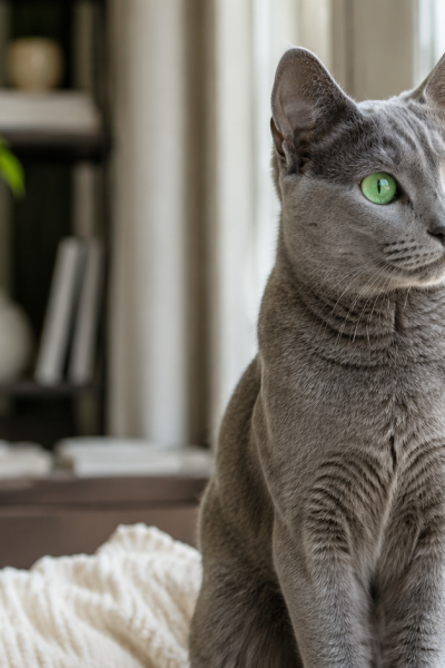 Pencere kenarında oturan mavi gri tüylü Russian Blue kedisini gösteren gerçekçi blog kapak görseli